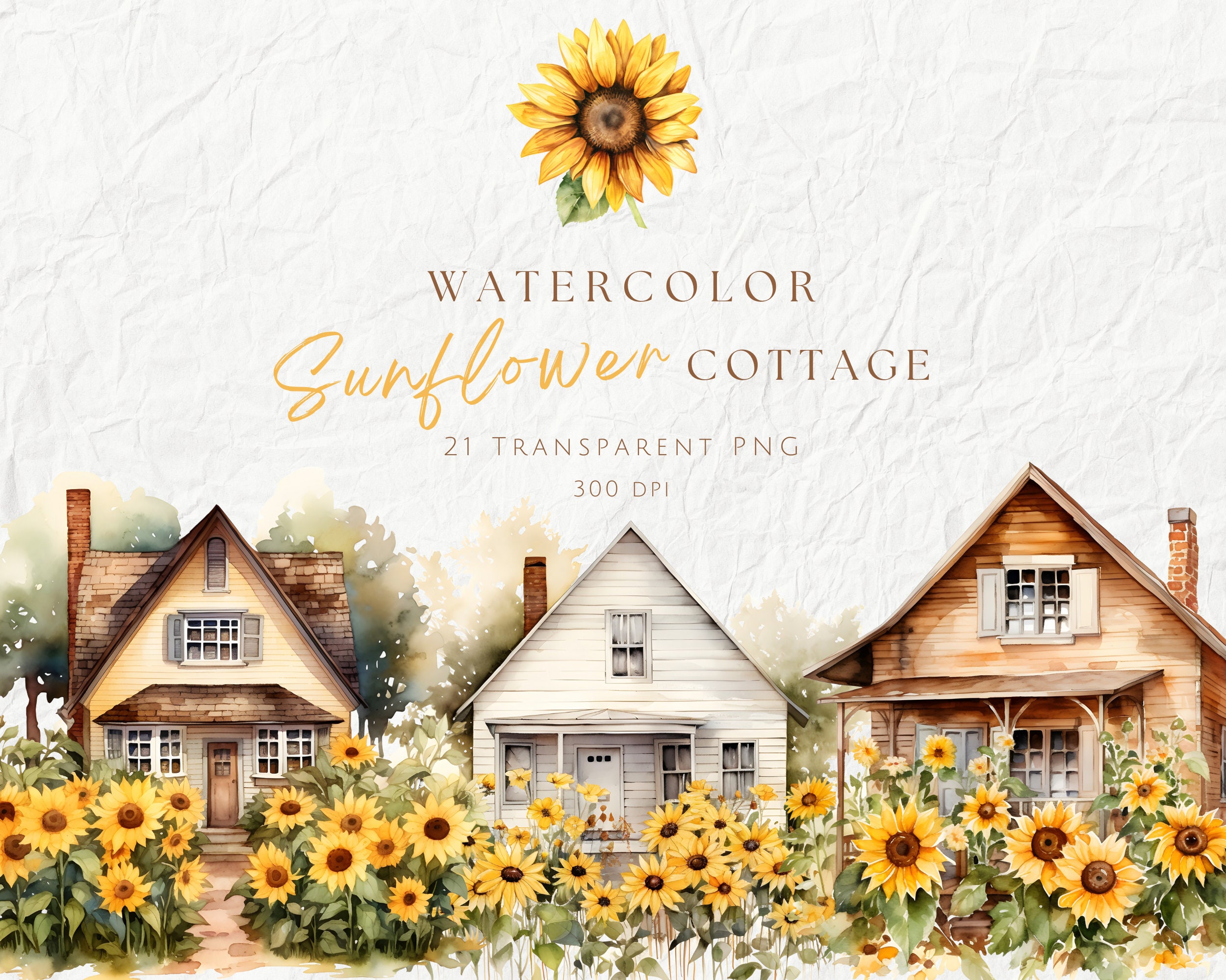 Watercolor Sunflower Cottage Clipart, Spring House, Sunflower Garden ...