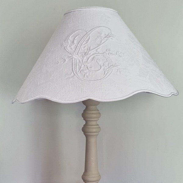 Monogram embroidered lampshade in old towel