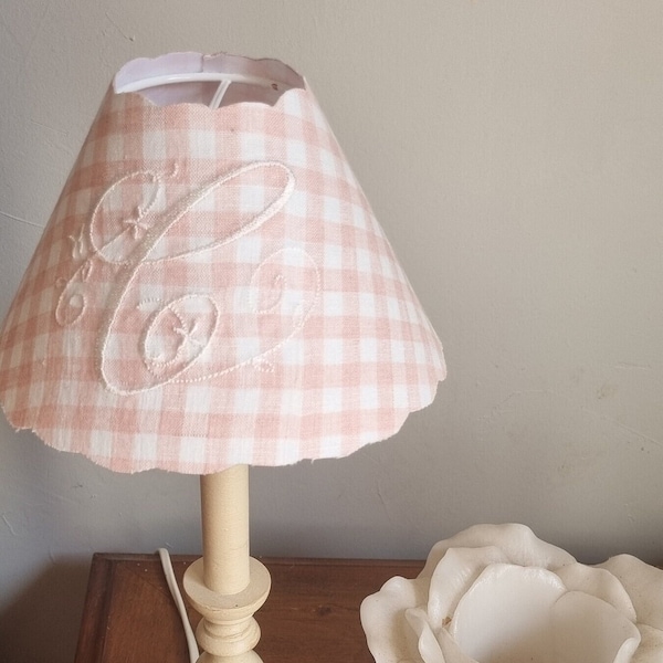 Small conical embroidered monogram linen lampshade