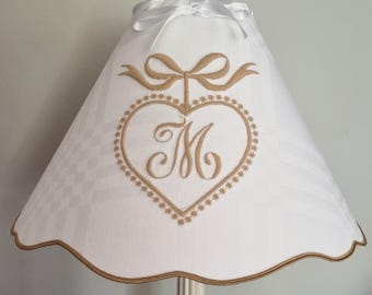 Antique linen lampshade with embroidered monogram