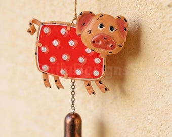 Pig Wind Chime with Bell – Glass & Metal Garden Decoration (38cm)