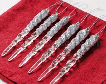 18x Silver Glitter Hanging Icicles – Sparkling Christmas Tree Ornaments & Festive Winter Decorations