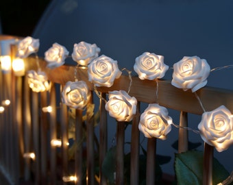 White Rose Fairy Lights: Battery-Powered LED String Lights with Timer