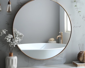 Modern Gold Round Wall Mirror: Industrial Metal Frame (50cm)
