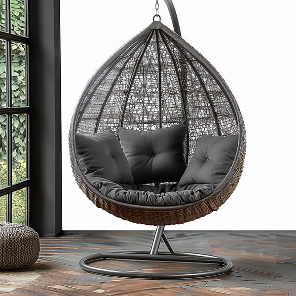 Outdoor Rattan Egg Swing Chair - Garden & Patio Hanging Wicker Hammock Pod - Grey