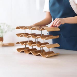 Waved Wooden Wine Rack - Bamboo Crafted 14 Bottle Holder | Modern Home Wine Storage Display - Organizer For Connoisseurs, Parties & Weddings