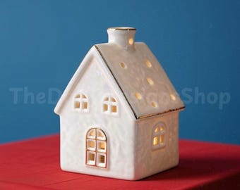 White Ceramic Tea Light House – Gold Trim, Festive Home Décor