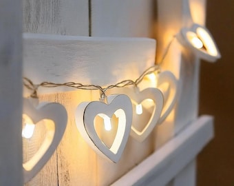 Wooden Heart Fairy Lights – Warm White LED String Lights, Battery Powered