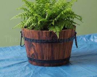 Rustic Wooden Barrel Planter – Burnt Timber Garden Pot with Drainage Hole