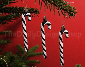 6x Black & White Candy Cane Ornaments – 12cm Hanging Christmas Tree Décor