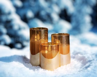 Golden Glass LED Flameless Candles: Flickering, Safe, 3-Pack