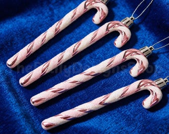 6x Rose Pink & White Candy Cane Ornaments – 12cm Hanging Christmas Tree Décor
