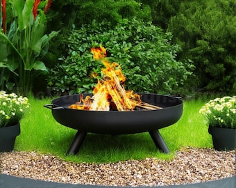 Round Steel Fire Pit Bowl – Patio Heater for Garden, Deck, Camping | 58cm Wood Burning Outdoor Pit With Handles – Easy Assembly & Portable