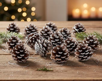 18x Hanging Pine Cones – Natural Christmas and Rustic Snow-Tipped Tree Ornaments & Craft/Wreath Decorations