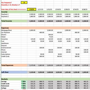 Peut inclure: Une feuille de calcul avec un budget de flux de trésorerie hebdomadaire pour une personne gagnant 4 300 € par semaine. La feuille de calcul comprend les revenus, les dépenses et une ventilation de la manière dont l'argent restant est affecté à l'épargne, aux cartes de crédit, à la retraite et aux études. La feuille de calcul montre le budget pour 14 semaines, à partir du 3 janvier 2025.