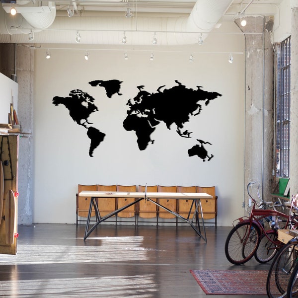 Minimalist World Map Metal Wall Art – Line Art With Airplane, Black Finish, 27.6"x35.8" (70x91 Cm)