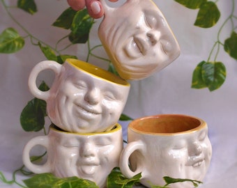 Handmade Funny Faces Coffee Mug Set,  Handcrafted Pottery Breakfast Coffee Mug, Artistic Unique Pottery Gift, Fun Coffee Mug Set for Friends
