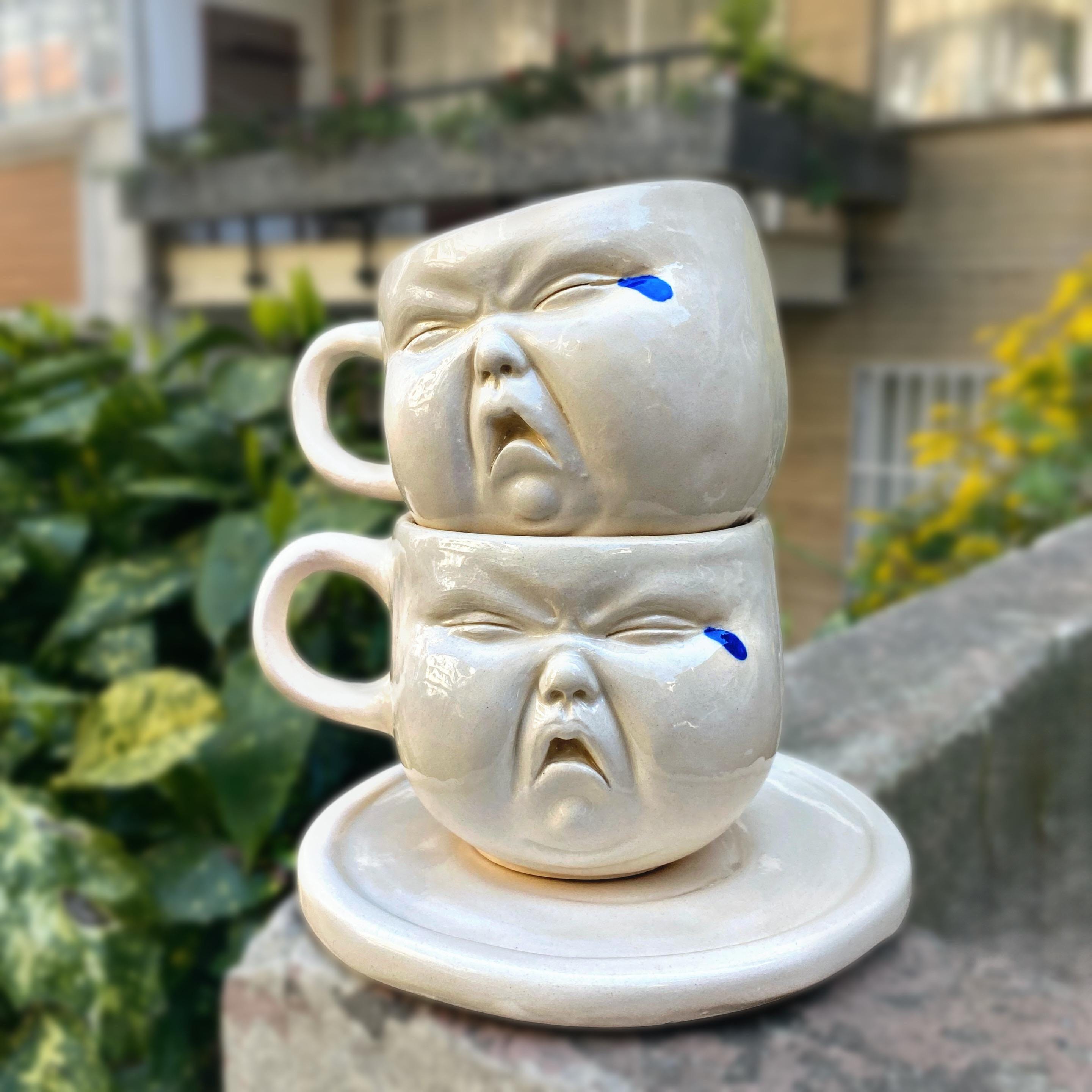 Set of 2 Handmade Ceramic Espresso Cups, Crying Baby Face Mugs, Handmade Funny & Cute Coffee Cups, Unique Gift for Bestfriend,
