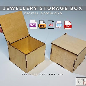 May include: A digital download template for a wooden jewellery storage box. The template is available in SVG, DXF, AI, EPS, and PDF formats. The image shows a closed box and an open box with the lid lifted.