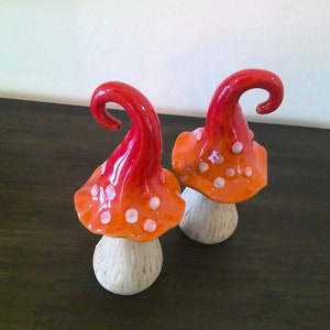 Whimsical Orange Woodsy Mushroom Ornaments, Woodland Toadstool Decorations, Holiday Display, Resin Mushrooms. set of 2