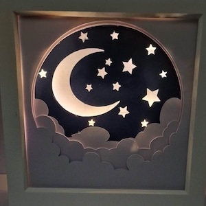 Caja de luz Cloud Sky, Caja de sombras, 3D, Noche, Cricut, Silueta, Arte en papel, Artesanía en papel, PDF, SVG, PNG.