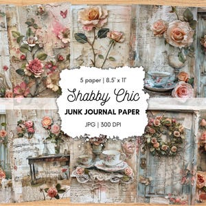 Shabby Chic Junk Journal Seiten, Rosa Rosen Junk Journal Kit, Florale druckbare Seiten, Vintage digitale Collage Blätter, druckbare Tags