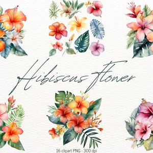 Watercolor Floral Clipart Bundle, Hibiscus Bouquet Illustration, Wedding Card Making, Digital Paper Scrapbooking, Tropical Flowers PNG