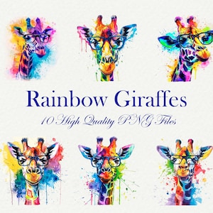 Pacote de clipart em aquarela com girafa arco-íris, pacote de ilustrações fofas de animais, gráficos coloridos de girafa, designs de sublimação, transparentes