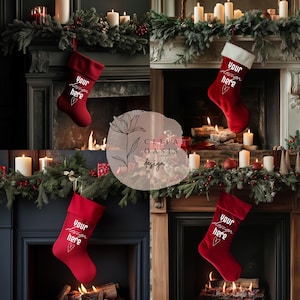 Christmas Stocking Mockup Bundle, Blank Christmas Stocking, Santa Canvas Stocking Mockup, Red Stocking Mockup, Christmas Fireplace Mockup