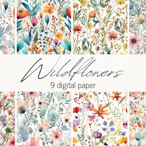 Wildflower Digital Paper Bundle Watercolor Floral  Seamless Background For Wedding Designs Card Making Digital Scrapbooking Junk Journal