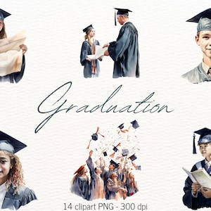 Bundle de cliparts pour l'obtention du diplôme, aquarelle fille diplômée, Illustration de garçon à la casquette, Clipart classe 2024, Clipart senior, 14 fichiers PNG transparents