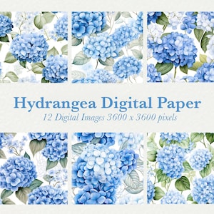 Hortensien-Digitalpapier-Bundle, Aquarell-Blau-Blumen-Illustrationen-Bündel, blau-weiße Hortensien-Grafik, Sublimationsdesigns, nahtlos