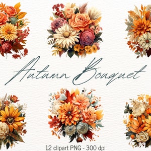 Paquete de imágenes prediseñadas de ramos de flores de otoño, gráficos de flores de otoño, ilustraciones florales en naranja y amarillo, scrapbooking con flores de otoño y creación de tarjetas.