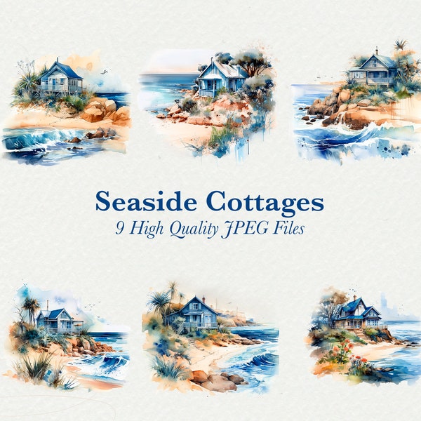 Seaside Cottage Digital Paper Bundle, Ocean Clipart Bundle, Coastal Graphics, Beach House Illustrations, Coastal Printable Wall Art, 9 JPEG