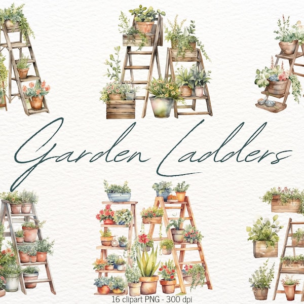 Watercolor Garden Clipart 16 Transparent PNG Floral Ladder Spring Planter Bundle Mother's Day Card Making Digital Craft Paper Scrapbooking