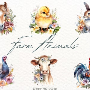 Blumen Bauernhof Tiere Clipart Bundle Aquarell 13 Hohe Qualität Transparent PNG Card Making Junk JournalsWandkunst Digitales Papier Scrapbooking
