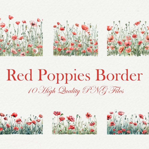 Poppies Border Clipart Bundle, Red flowers Graphics, Watercolor Summer Png Files, Sublimation Designs, Meadows Clipart, 10 Transparent PNG