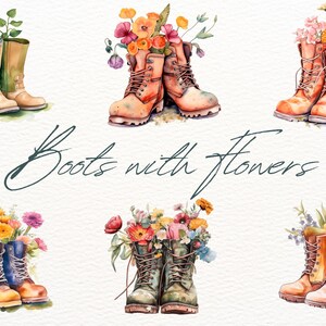 Boots Clipart Bundle With Flowers, Floral Watercolor Clip Art Bundle Card Making Clip Art Digital Paper Scrapbooking