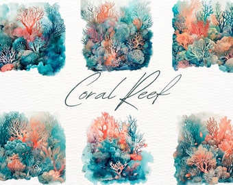 Watercolor Coral Reef Clipart Bundle, Ocean Scenery Png, Seascape Graphics, Coral Reef Illustrations, Tropical Reefs Png, Commercial Use