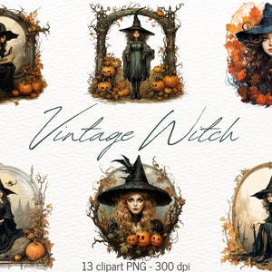 Halloween Witch Clipart Bundle 13 PNG Gothic Witch In Floral Frame Pumpkins Printable Wall Art Digital Scrapbooking Junk Journal Card Making
