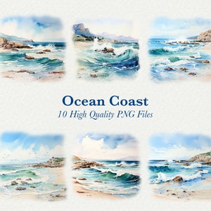 Coast Clipart Bundle, Seascape Graphics, Coastal Beach Png Files For Sublimation Designs, Watercolor Beach Clipart, 10 Transparent PNG