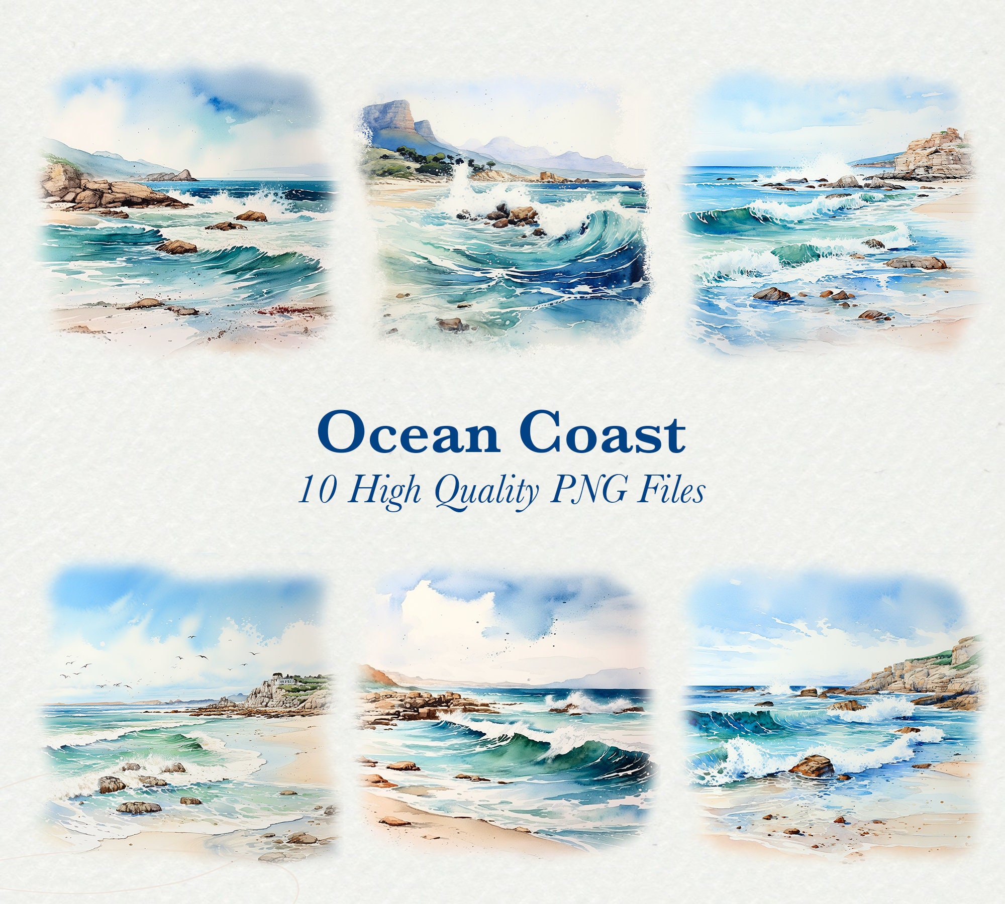 Coast Clipart Bundle, Seascape Graphics, Coastal Beach Png Files For Sublimation Designs, Watercolor Beach Clipart, 10 Transparent PNG