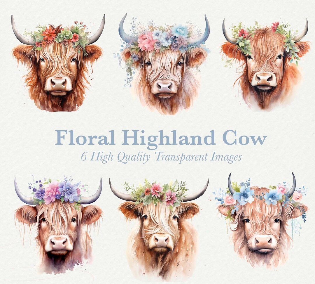 Highland Cow Clipart Bundle With Flowers, Watercolor Cow Illustration ...
