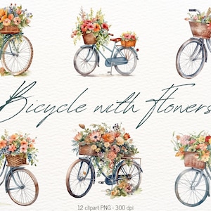 Pacchetto di clipart di biciclette d'epoca, clipart di fiori estivi ad acquerello, 12 file PNG, creazione di biglietti di nozze, carta artigianale digitale, scrapbooking