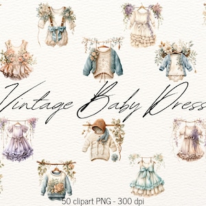 Baby Clothes Clipart, Mega Bundle, Kids Clothing Clipart, Vintage Dress Graphics With Flowers, Clothes Illustrations, Vintage Junk Journal