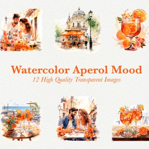 Bundle de cliparts Aperol, aquarelle cocktail Clipart, clipart été, Aperol Spritz Illustration Bundle, clipart boissons, 12 PNG Transparents