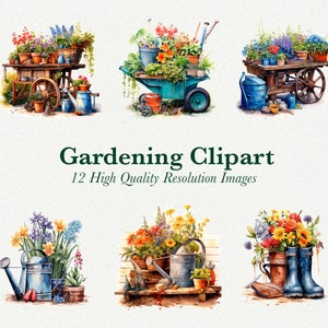 Paquete de imágenes prediseñadas de jardinería, imágenes prediseñadas de herramientas de jardinería, imágenes prediseñadas de equipos de jardinería en acuarela, ilustraciones de primavera, imágenes prediseñadas de jardinería, impresiones digitales