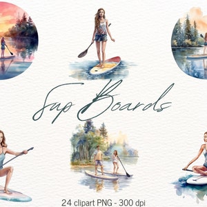 Pack de cliparts paysage d'été, planche à pagaie et fille, camping, planche à pagaie, clipart numérique mural, fabrication de cartes, scrapbooking, journal indésirable
