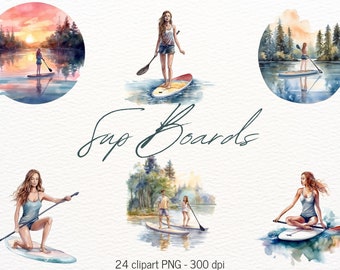 Summer Landscape Clip Art Bundle Paddle Board And Girl Camping Sup Board Clipart Pack Digital Wall Art Card Making Scrapbooking Junk Journal
