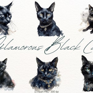 黒猫のクリップアートバンドル 水彩猫のイラストバンドル 昇華デザイン用の黒猫のPNGファイル 黒猫のグラフィック 商用利用